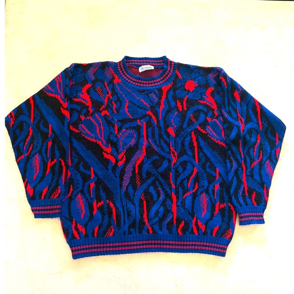 Vintage Brunny Abstract Knit Sweater Blue Red Black Made in USA Crewneck M-058